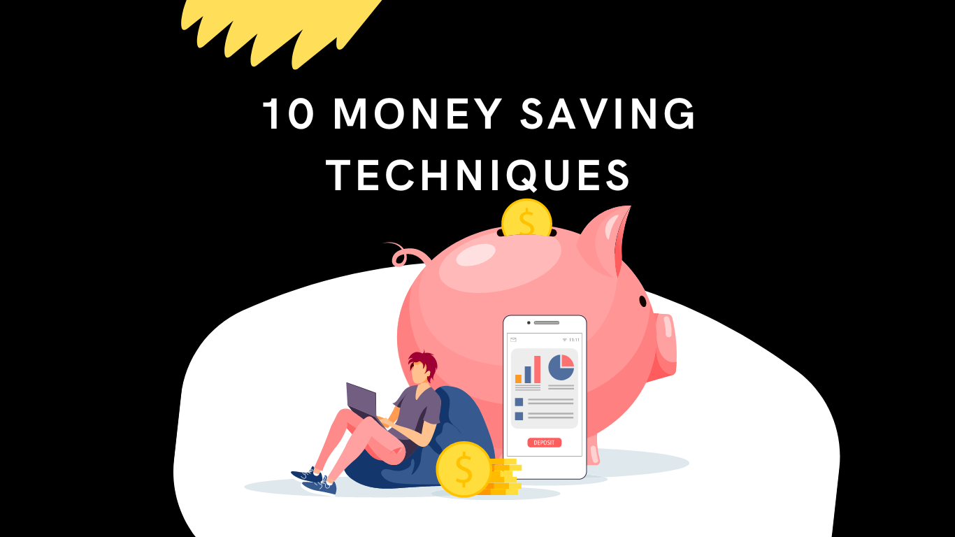 10 money saving techniques and a man sitting and resting on a piggybank