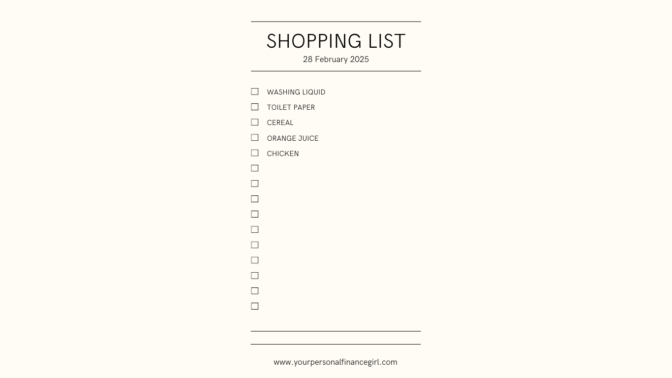 Sample of shopping list you can go to the market with